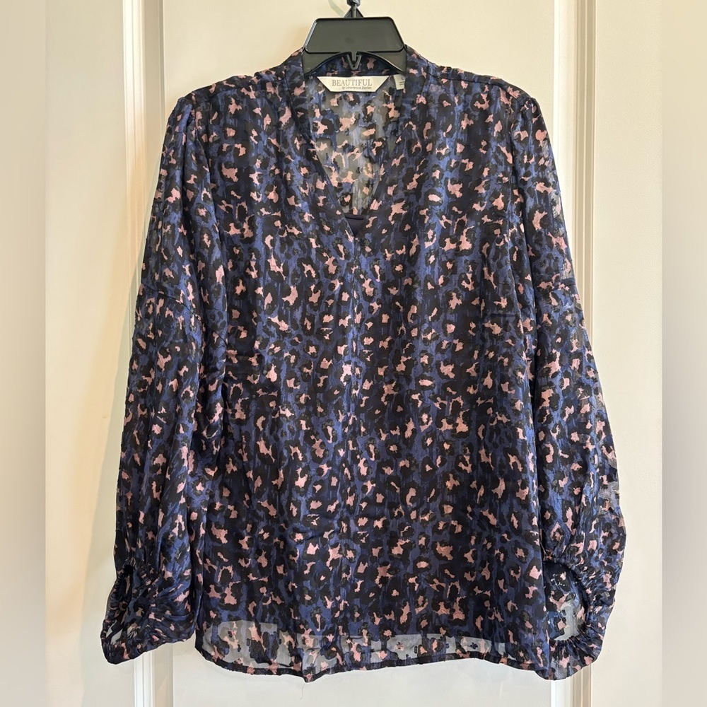 Leopard Sheer Blouse NWT Large Beautiful by Lawrence Zarian Navy Pink